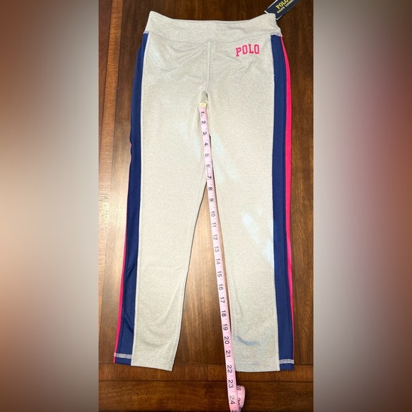 Ralph Lauren Polo Kids Gray Leggings with Blue and Pink Stripes-Girls 12-14 - Picture 2 of 2